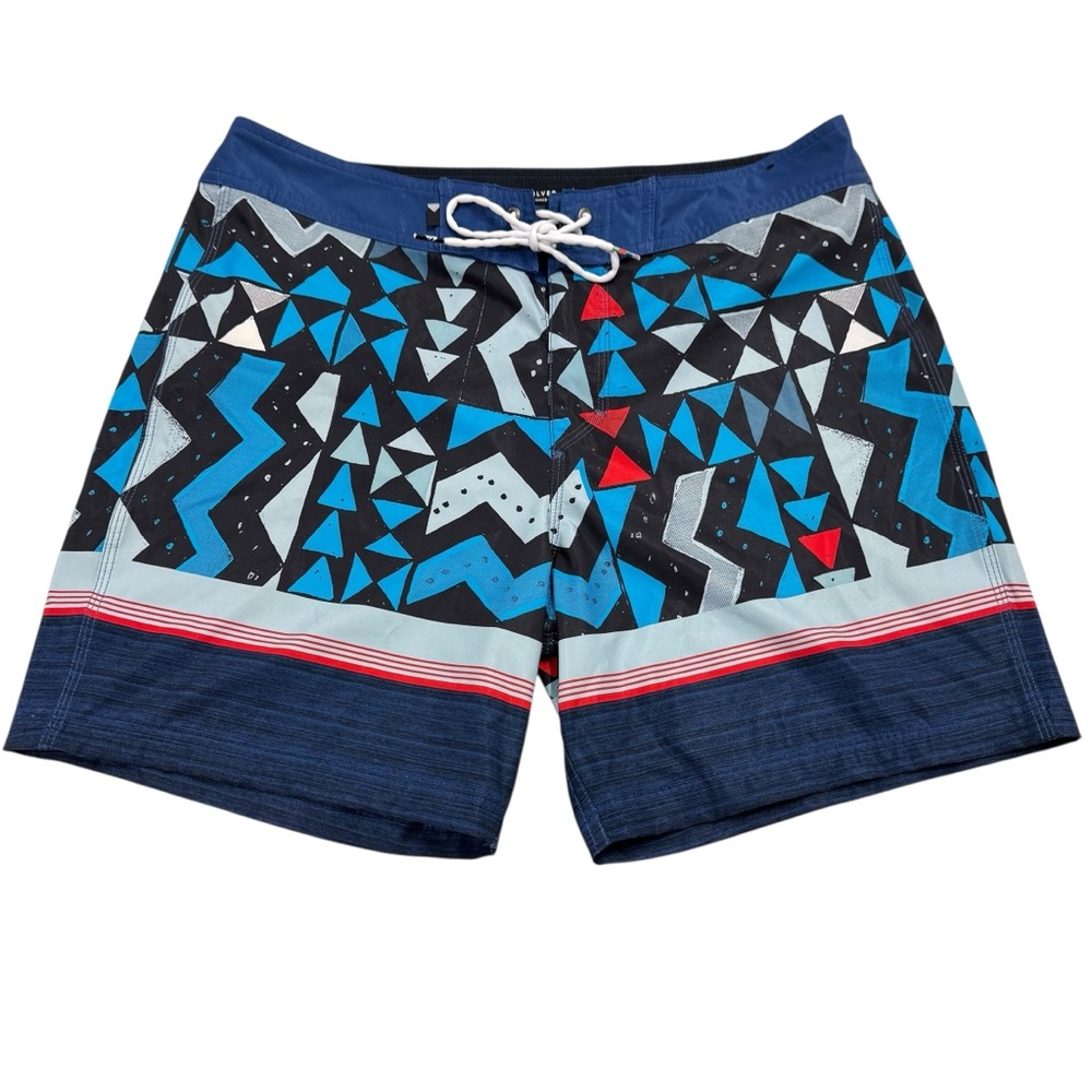 Quiksilver Board Shorts Blue Mens Size 34 Graphic Print Swim Shorts Excellent‎